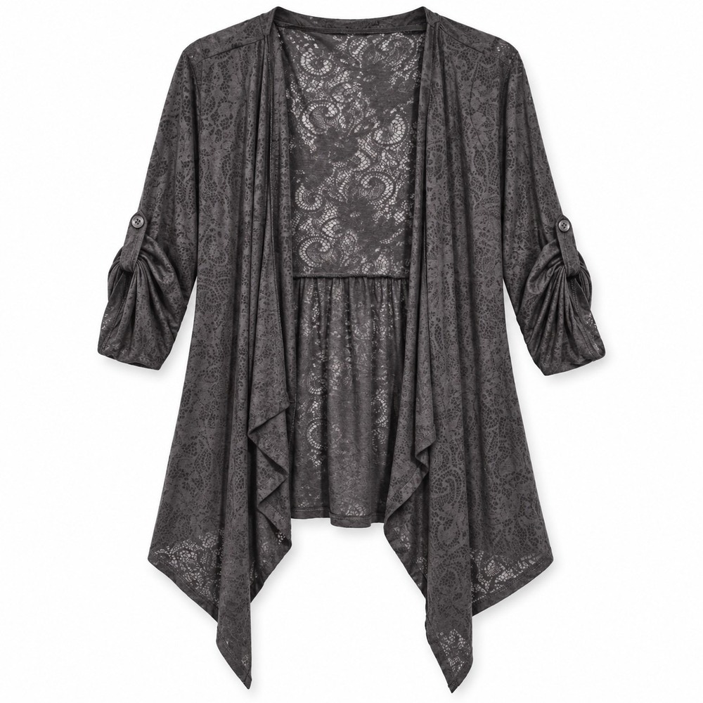 Whimsigoth Fairy Grunge Cardigan M Gray Burnout Paisley Waterfall Sheer Bohoo